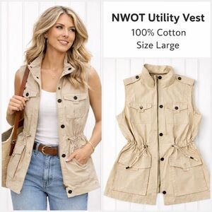 NWOT Khaki Safari Utility Vest 100% Cotton Drawstring Waist Size Large
